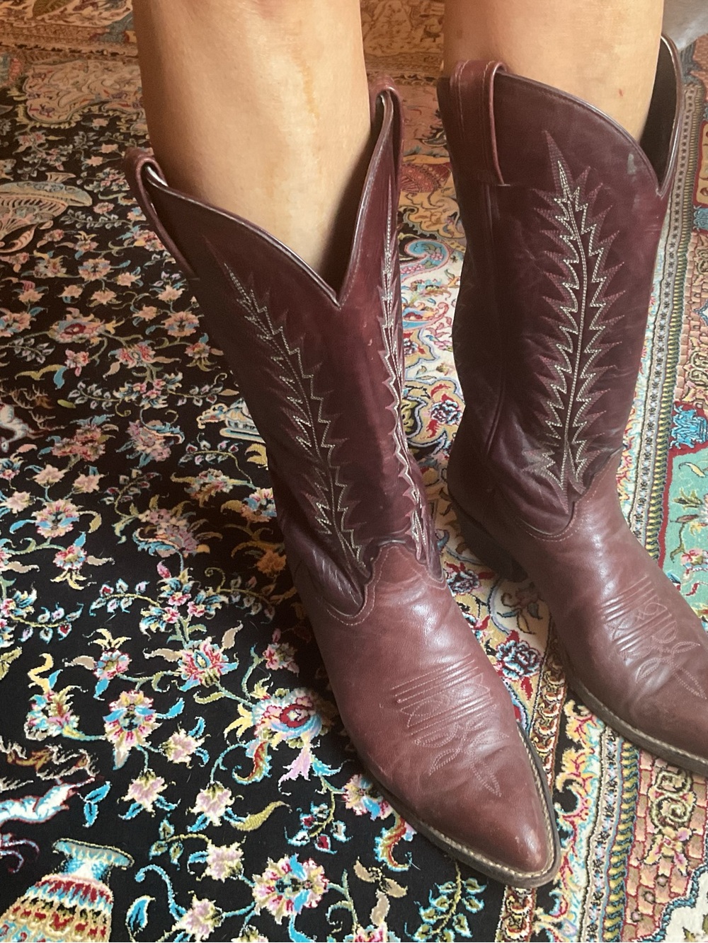 Tony Lama Burgundy Leather Western Boots with Decorative Stitching